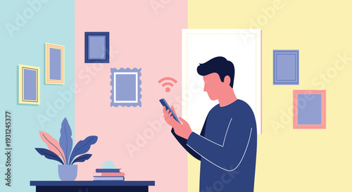 Young man looks at his smartphone screen while standing in a room with picture frames and a wifi symbol overhead.