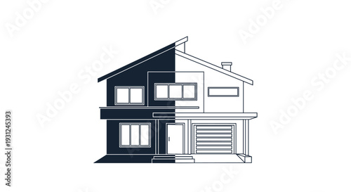 Architectural drawing shows a modern house split into a dark shaded section and a clean white line art side for design.