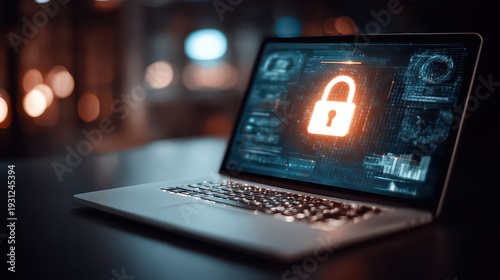 Silver Laptop Displaying a Digital Golden Padlock With Dark Bokeh Background For Information Privacy