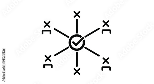 Black and white icon represents a selection process with a central checkmark connected to several crosses to show options.