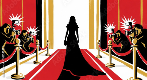 Celebrity walking down red carpet with paparazzi flashing cameras.