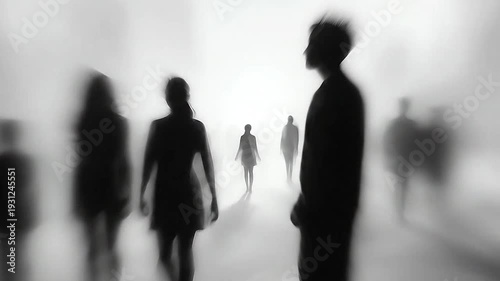 Silhouetted figures walk through a mysterious, foggy environment with long