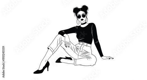 Fashionable woman with double buns and sunglasses sits on the floor in a stylish black and white line drawing for posters.