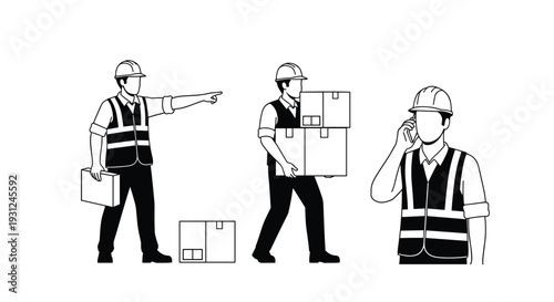 Group of construction workers in safety gear includes one pointing and one carrying boxes and one talking on a smartphone.