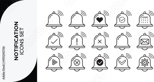 Notification icon set,Notification Bell Vector Art, Icons, alarm clock, calendar reminder, notification bell, message alarm, phone ring, time reminder, delivery notification, calendar bell and linear 