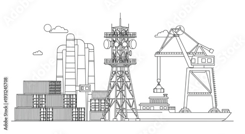 Detailed industrial landscape drawing shows a port with cargo ships and cranes and shipping containers for global trade.