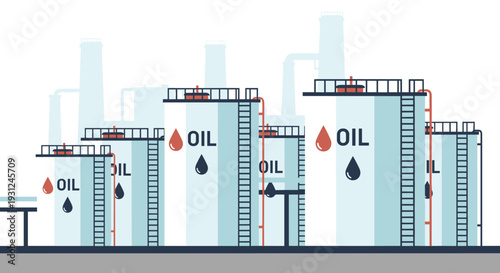 Group of large industrial oil storage tanks at a refinery are labeled with oil drops and text symbols for energy production.