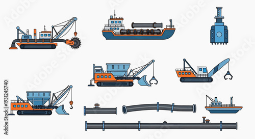 Collection of construction and industrial machinery, including excavators, cranes, ships, and pipes