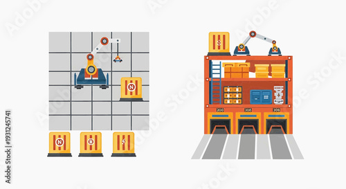 Advanced automated warehouse logistics with robotic arms handling packages on shelves and conveyor belts, illustrating modern industrial storage efficiency