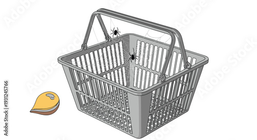 Empty grey plastic shopping basket is covered in spider webs beside a single gold coin on a white background for a sale.