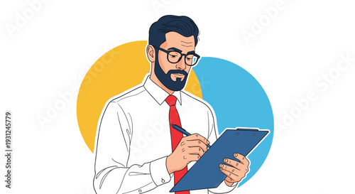 Professional man with beard wearing glasses and white shirt writing on clipboard while conducting an inspection or survey.