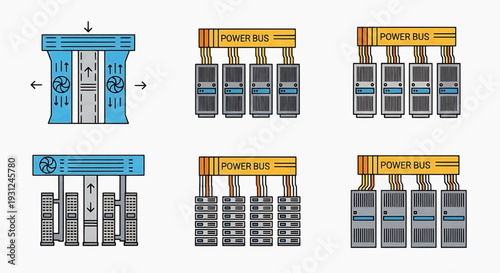 Modular electrical power bus systems connected to server racks, illustrating scalable infrastructure for data centers. Efficient energy distribution and IT management configurations
