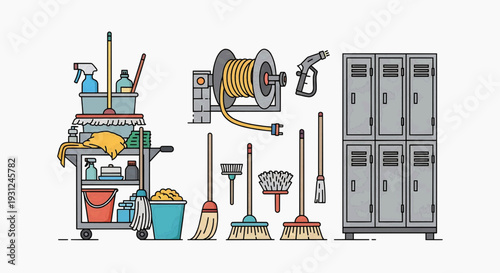 Collection of cleaning and maintenance equipment, including mops, brooms, buckets, spray bottles, and a hose reel, alongside metal lockers and cleaning supplies for a well-organized space