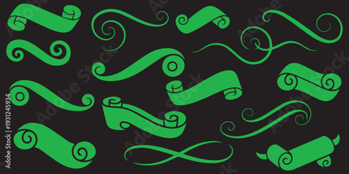 Green neon scroll ribbons and flourish swirls on black background backdrop eps 10