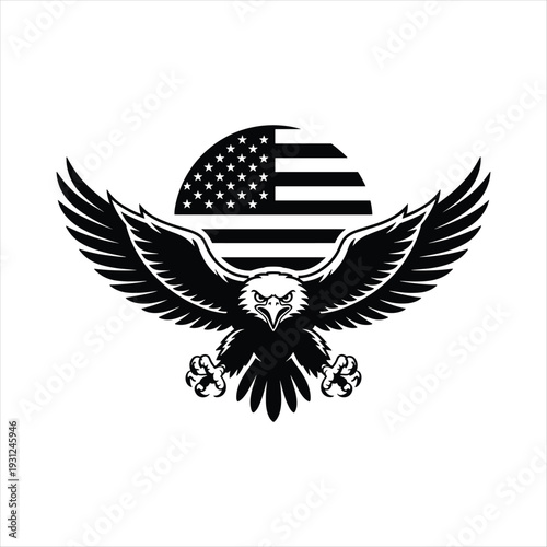 Flying Bald Eagle with American Flag Circle – Patriotic USA Monochrome Vector Emblem
