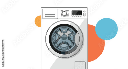 Modern front loading washing machine appliance isolated on background with colorful blue and orange circular shapes.