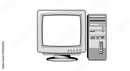 Classic desktop computer system featuring a monitor and vertical tower casing in a simple grey and white drawing.