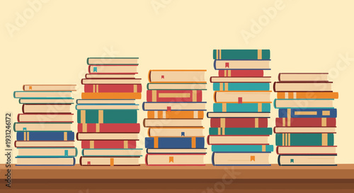 Large collection of colorful books stacked in multiple piles on wooden shelf against a warm yellow background.