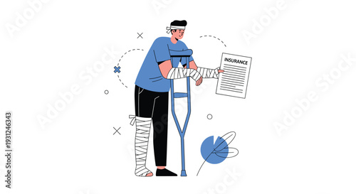 Injured man on crutches with bandaged leg and head holding insurance documents for a medical claim application.