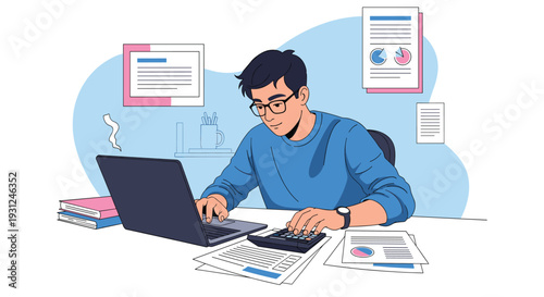 Focused man working on laptop with financial documents charts and calculator at his home office desk workspace.