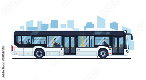 Modern white public transportation bus driving through city streets with passengers and skyline in background.