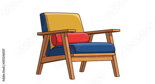 Modern armchair with blue seat yellow backrest and red cylindrical pillow in a stylish wood frame design.