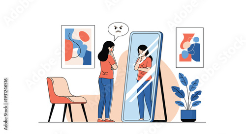 Young woman looking into a mirror and seeing an angry reflection of herself representing inner conflict and mood.