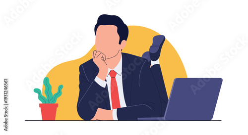 Professional businessman in a dark suit lying down on his stomach while thinking next to his laptop computer.