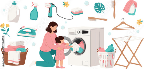 Laundry and Housekeeping Clipart Set Washing Machine Cleaning Supplies and Family Chores Vector Illustration