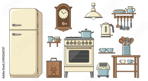 Large collection of retro style kitchen appliances and tools including a refrigerator stove and electric kettle.