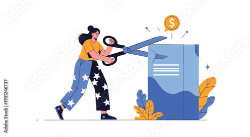 Determination in financial planning shown by a woman using large scissors to cut through a blue document file.