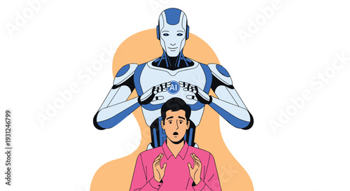 Surprised young man reacts as a large futuristic white and blue humanoid robot stands behind him in an office.