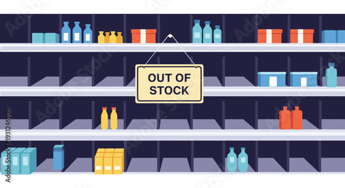 Retail store shelves are completely empty with a sign saying out of stock hanging in the center of the display.