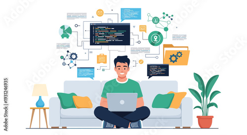 Creative software developer works on a laptop while sitting on a couch surrounded by floating digital symbols.