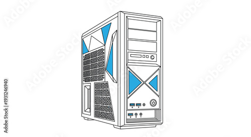 Detailed technical drawing of a modern computer tower case with blue accents and multiple ventilation panels.