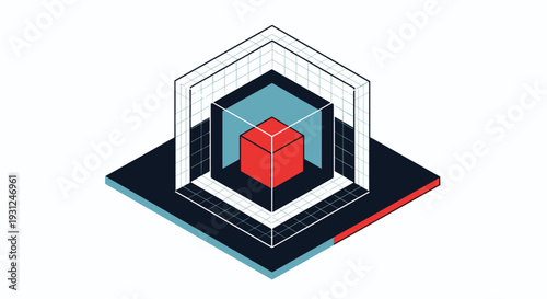 Isometric technical diagram illustrating nested cube structures and a red core within a 3d wireframe grid.