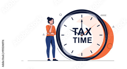 Pensive woman stands next to a giant clock face displaying the words tax time to represent filing deadlines.