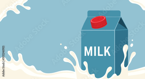 Fresh milk carton design features a red cap and is surrounded by dynamic splashes of milk on a blue background.
