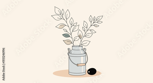 Delicate line drawing of a vintage metal milk jug used as a vase for leafy branches on a neutral background.
