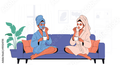 Two women in bathrobes enjoy a spa day at home while wearing face masks and drinking coffee on a sofa.