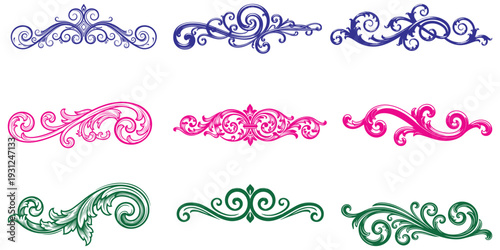 Set of blue, pink, and green vintage ornamental swirl designs eps 10