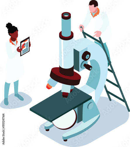 Scientists Using Microscope Digital Tablet