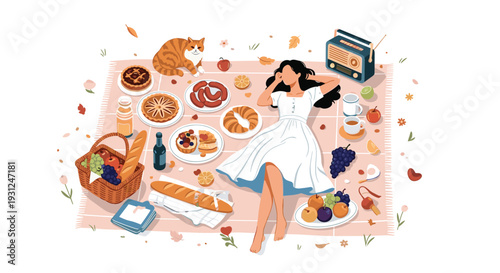 Young woman relaxing on a picnic blanket surrounded by various delicious foods, fruits, a vintage radio, and a cute ginger cat.