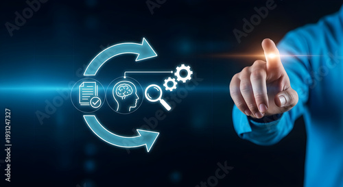 Finger touching glowing icon of workflow process with brain and gears automation efficiency