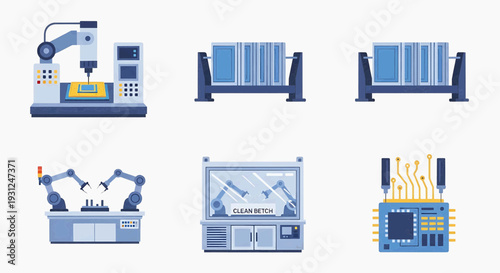 Factory automation and robotics, featuring automated machinery, robotic arms, and microchip components for industrial processes