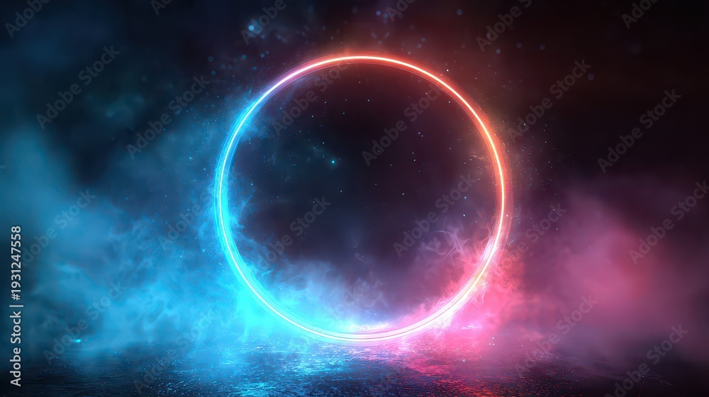 Obraz premium Neon Ring Glowing Blue and Red Circular Light on Dark Background with Smoke and Sparkles Abstract Space Background