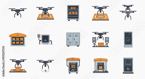 Collection of drone delivery and logistics icons in a pixel art style, showcasing various aspects of automated shipping and warehousing