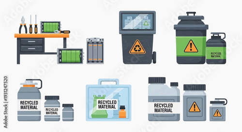 Recycling symbols and containers for hazardous and electronic waste disposal, illustrated collection for eco-friendly management and environmental protection