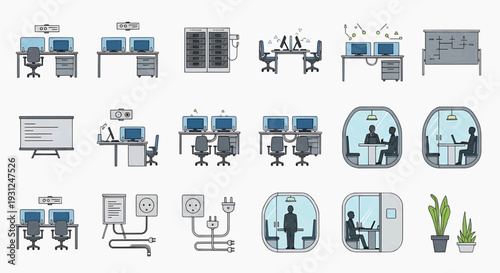 Vector icon set of modern office environments and IT infrastructure. Features diverse workspaces, computers, servers, privacy pods, open desks, and collaborative areas for business