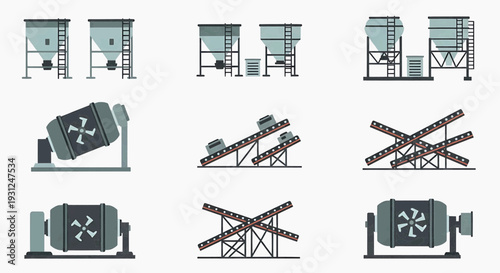 Collection of industrial equipment icons including cement mixers, conveyor belts, and silos for construction and manufacturing